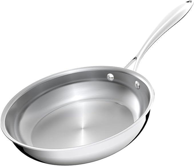 9.5 Inch Stainless Steel Frying Pan, 5-Ply Stainless Steel Skillet, Dishwasher and Oven Safe, Induction Pan, Even Heat Distribution