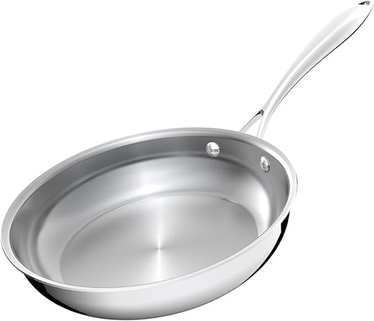 9.5 Inch Stainless Steel Frying Pan, 5-Ply Stainless Steel Skillet, Dishwasher and Oven Safe, Induction Pan, Even Heat Distribution