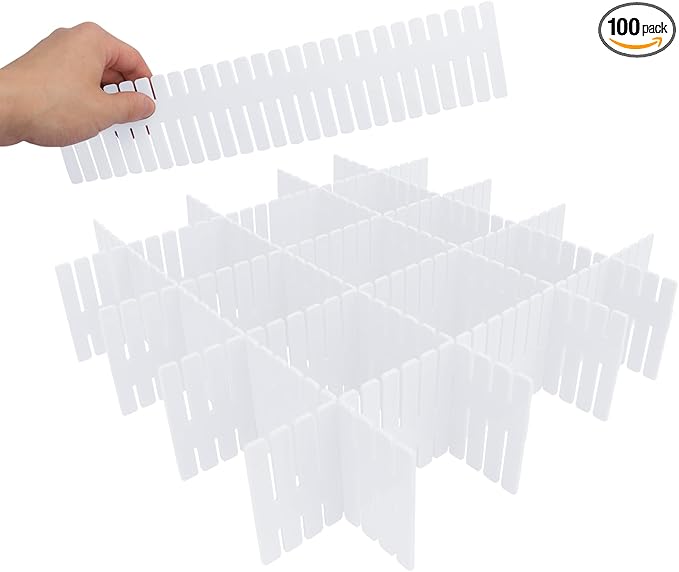 100 PCS Premium DIY Drawer Dividers, White, Adjustable Drawer Organizers for Perfectly Organized Drawers, Tidying Makeup, Clothes, Underwear, Cutlery, Kitchen, Bathroom, Bedroom, Office