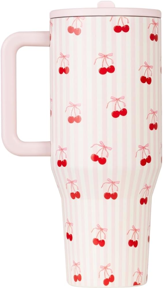 HydroJug Traveler - 40 oz Water Bottle with Handle & Flip Straw - Fits in Cup Holder, Leak Resistant Tumbler-Reusable Insulated Stainless Steel & Rubber Base - Gifts for Women & Men, Sweet Cherry