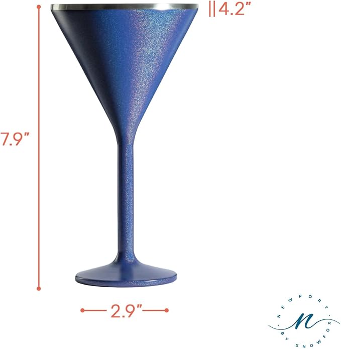 NEWPORT Stemware Collection Premium Vacuum Insulated Stainless Steel Martini Glasses, Lightweight Margarita Glasses, Unbreakable & Drinks Stay Cold, Non-Slip Silicon Base, Cocktail Glasses, 8oz, Blue