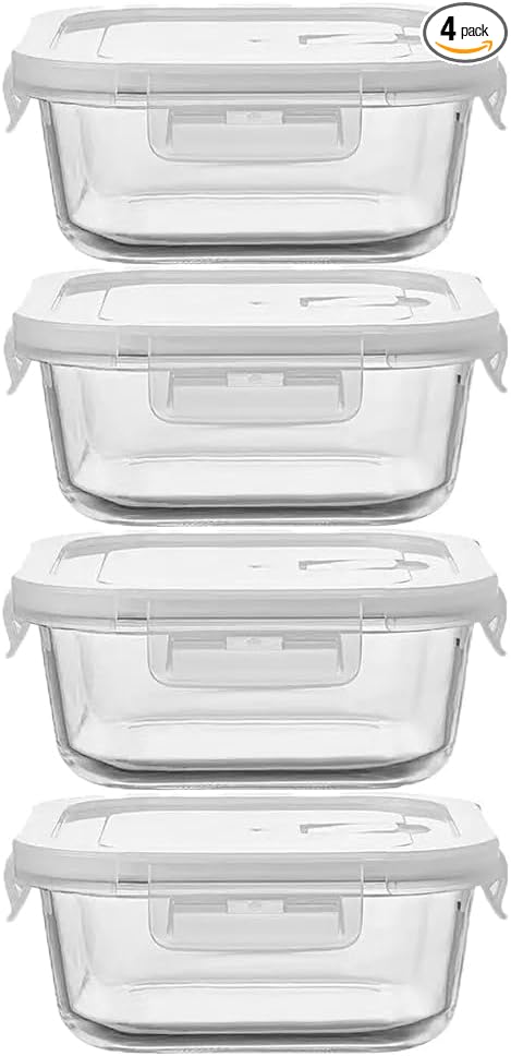 16OZ Square Glass Meal Prep Containers with Lids, 2 Cup Square food Storage Containers, Heat-Resistant BPA-Free Small Glass Food Containers, MicrowaveDishwasherFreezer Safe (4 Pack)