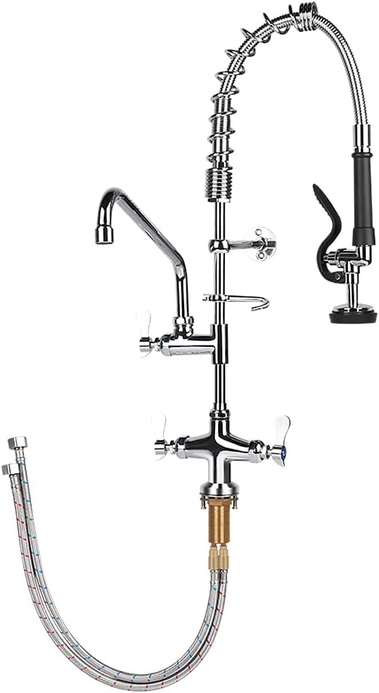 27 inch Height Deck Mount Commercial Faucet with Pre Rinse Sprayer, Single Hole Commercial Restaurant Kitchen Sink Faucet with 12” Swing Spout for Commercial Kitchens Restaurant Hotel