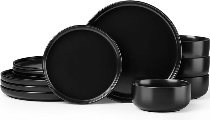 Herogo 12 Pieces Stoneware Dinnerware Set Service for 4, Dinner Plates and Bowls Sets, Double Reactive Glaze Dishes Set for Kitchen, Scratch Resistant, Microwave & Dishwasher Safe, Matte Black
