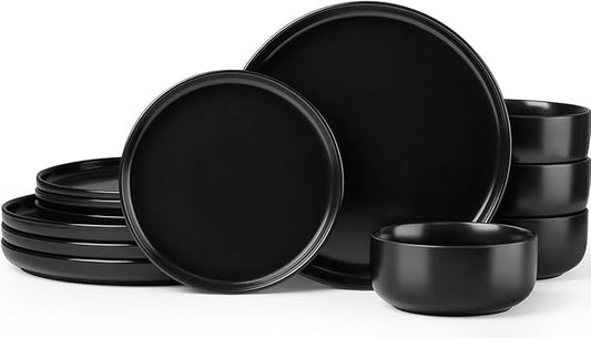 Herogo 12 Pieces Stoneware Dinnerware Set Service for 4, Dinner Plates and Bowls Sets, Double Reactive Glaze Dishes Set for Kitchen, Scratch Resistant, Microwave & Dishwasher Safe, Matte Black