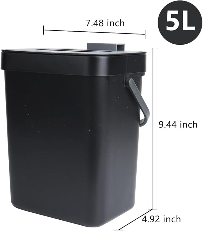 Hanging Small Trash Can with Lid Under Sink for Kitchen, 5 L/ 1.3 Gallons Plastic Waste Basket,Food Waste Bin,Kitchen Compost Bin for Counter Top,Bathroom/Office (Black)