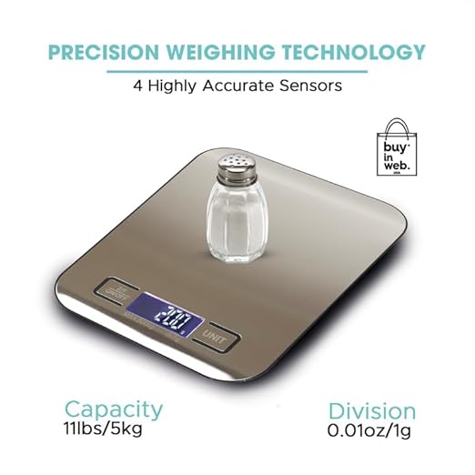 BUY IN WEB USA Food Scale, Stainless Steel Digital Kitchen Scale for Grams and Ounces, for Dieting, Baking, Cooking, LCD Display, Tare Function, 11 lb Capacity