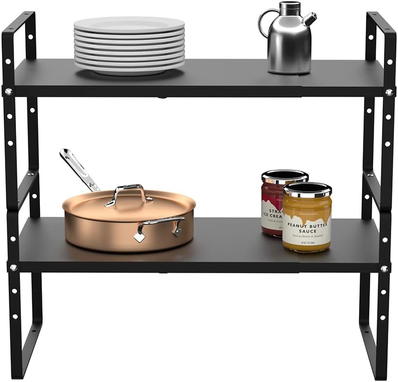 Redrubbit Large Expandable Cabinet Shelf Organizers, Stackable Kitchen Counter Shelves Spice Rack for Kitchen Bathroom Pantry Cupboard Desk Home Office, Black-2 Pack