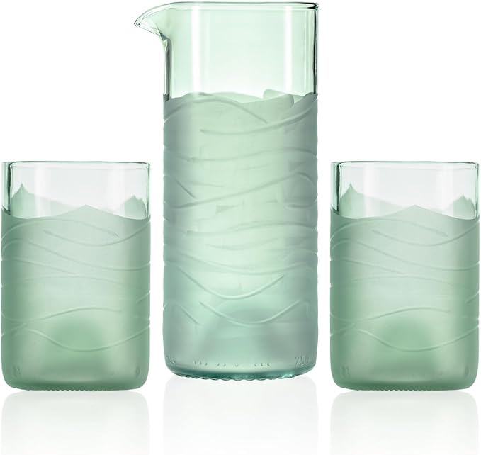 Rolf Glass Glacier Glass Tumbler + Pitcher Set - 12oz Tumbler, 16oz Pitcher | Recycled Glassware | Made in the USA | Antique Green Glass | Eco-Friendly Repurposed Wine Bottles | Set of 3