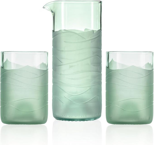 Rolf Glass Glacier Glass Tumbler + Pitcher Set - 12oz Tumbler, 16oz Pitcher | Recycled Glassware | Made in the USA | Antique Green Glass | Eco-Friendly Repurposed Wine Bottles | Set of 3