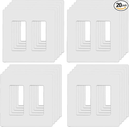 2-Gang Screwless Decorator Wall Plates, Child Safe Standard Size Outlet Cover, Unbreakable Polycarbonate Thermoplastic, Glossy White,20 Pack,UL Listed