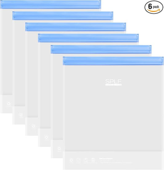 SPLF 6 Pack Stand-Up Reusable 2 Gallon Freezer Bags Dishwasher Safe, Reusable Freezer Bags 2 Gallon, Leakproof BPA Free Food Storage Bags for Marinate Meat, Veggies, Homemade Bread, Snack, Travel Item