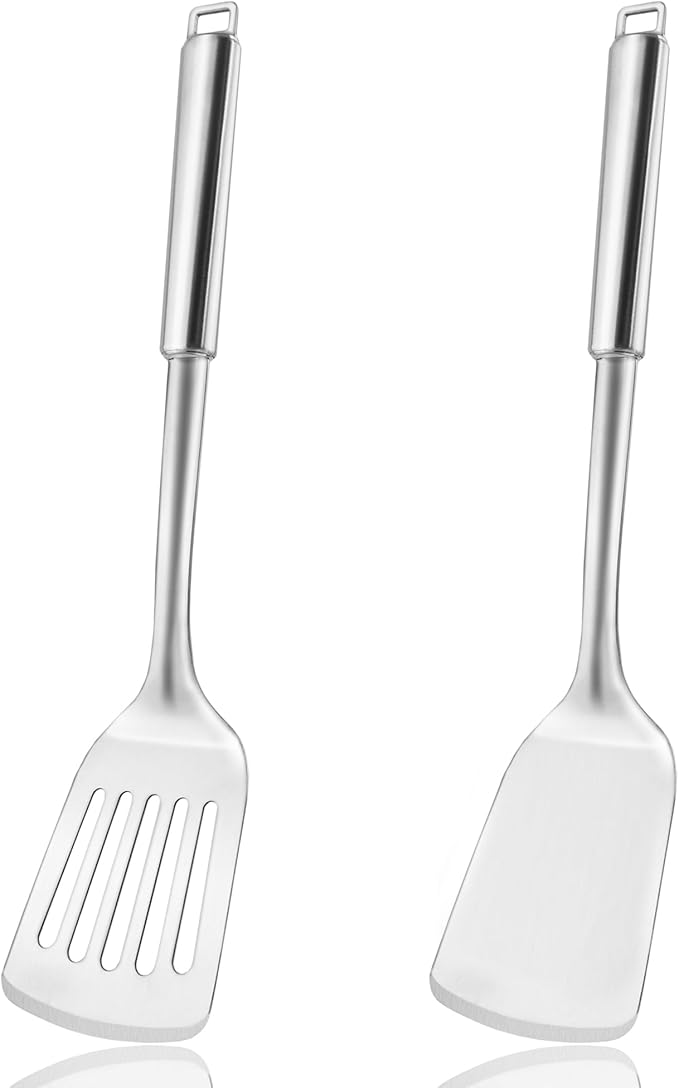 14.5-in Stainless Steel Spatula Set, 18/0 SS Heavy Duty Turner & Slotted Spatula for Kitchen Use, Cast Iron Grilling Frying, Pack of 2