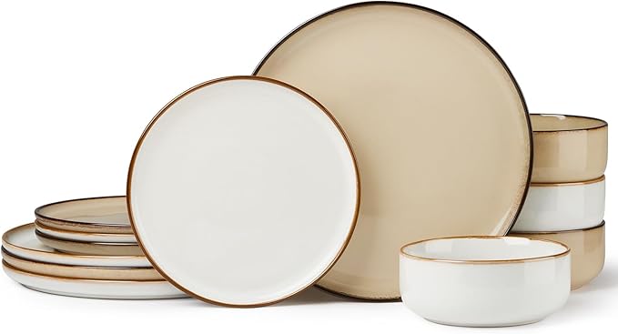 Herogo 12 Pieces Stoneware Dinnerware Dishes Set for 4, Kitchen Dining Plates and Bowls Sets, Double Reactive Glaze, Microwave & Dishwasher Safe, Scratch Resistant, Ivory White & Cream Khaki