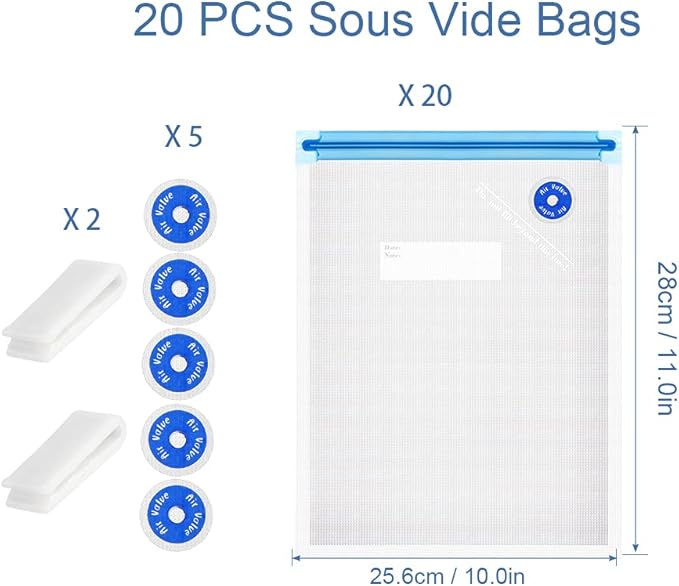 Sous Vide Bags Reusable 27Pcs, BPA Free Vacuum Sealer Bag, Vacuum Food Storage Bag for Sous Vide Cooking/Microwave Heating - 20Pcs Vacuum Zipper Bags & 2 Seal Clips & 5 Air Valves (11 * 10in) 2.9L