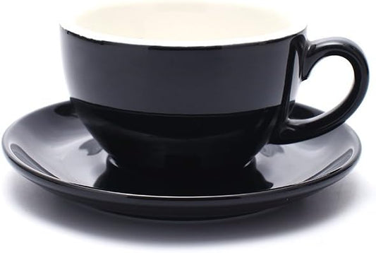 Cappuccino Barista Cup and Saucer Latte Art and Americano New Bone China for Coffee Shop (Glossy Black, 8.5 oz)