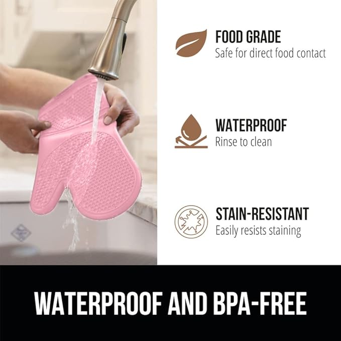 GORILLA GRIP BPA-Free Soft Silicone Oven Mitts, Heat Resistant and Waterproof Cooking Gloves, Thick Cotton Lining, Flexible Gripping for Baking Grilling, Kitchen Potholders Set of 2, 12.5x8.3, Pink