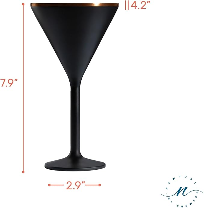 NEWPORT Stemware Collection Premium Vacuum Insulated Stainless Steel Martini Glasses, Lightweight Margarita Glasses, Unbreakable & Drinks Stay Cold, Non-Slip Silicon Base, Cocktail Glasses, 8oz, Black