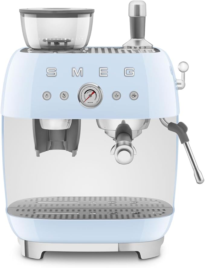 Smeg EGF03 Semi-Automatic Espresso Machine with Built-In Grinder, Dual Thermoblock, 50’s Retro Style – Pastel Blue (120 V)