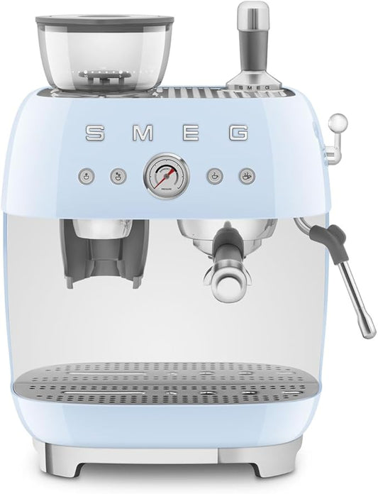 Smeg EGF03 Semi-Automatic Espresso Machine with Built-In Grinder, Dual Thermoblock, 50’s Retro Style – Pastel Blue (120 V)