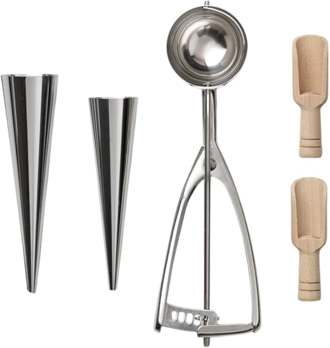 The Essentials, Ice Cream Tools – Stainless Steel Ice Cream Scoop with Trigger, Cone Shapes and Wooden Sprinkle Scoops, Book-Style Case