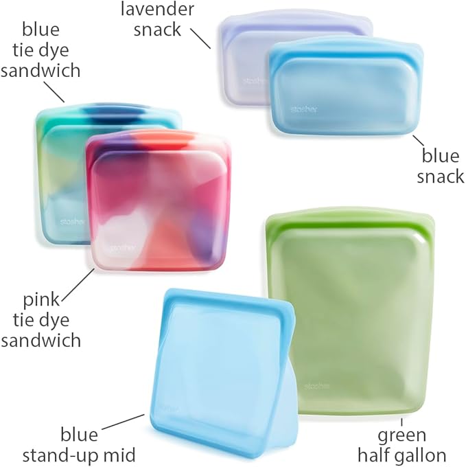 Stasher Premium Silicone Reusable Food Storage Bags, 6-Pack, Tie Dye Multi, Multi-Use Food Storage Bags, Lunch Bag, Travel Containers, BPA Free, Leak-free, Dishwasher-Safe, Eco-friendly