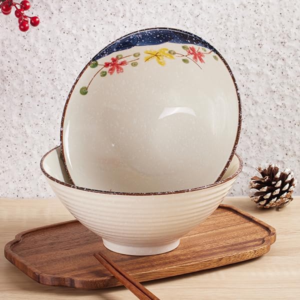 2 x 40 OZ ceramic ramen bowls, 8 IN large Japanese noodle soup bowl, match chopsticks and spoons, suitable for Pho, Udon Asian noodles (Colorful flowers 2 set)