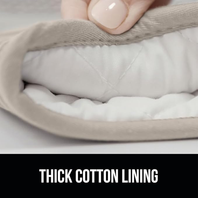 GORILLA GRIP BPA-Free Soft Silicone Oven Mitts, Heat Resistant and Waterproof Cooking Gloves, Thick Cotton Lining, Flexible Gripping for Baking Grilling, Kitchen Potholders Set of 2, 12.5x8.3, Almond