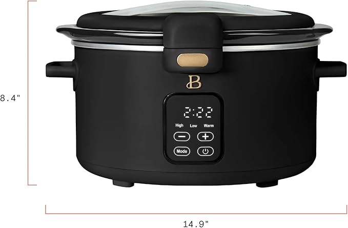 Beautiful 4-Qt Programmable Slow Cooker with Hinged Locking Lid & Touch Display – 3 Heat / 4 Timer Settings (Black Sesame)