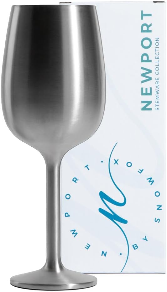 NEWPORT Stemware Collection Premium Vacuum Insulated Stainless Steel Wine Glass, Lightweight Wine Glass, Unbreakable & Drinks Stay Cold, Non-Slip Silicon Base, Cocktail Glasses, 12oz, Steel