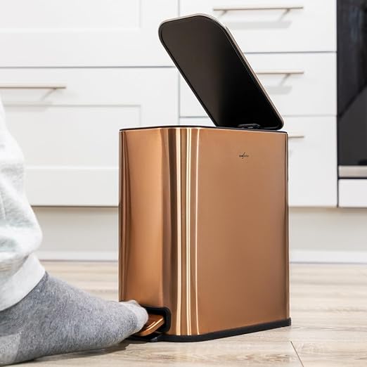 RED FACTOR Slim Small 1.3 Gallon Stainless Steel Pedal Trash Can with Soft Close Lid for Narrow Spaces – Wastebasket Bin with Removable Inner Bucket for Bathroom, Kitchen, Bedroom, or Office (Copper)