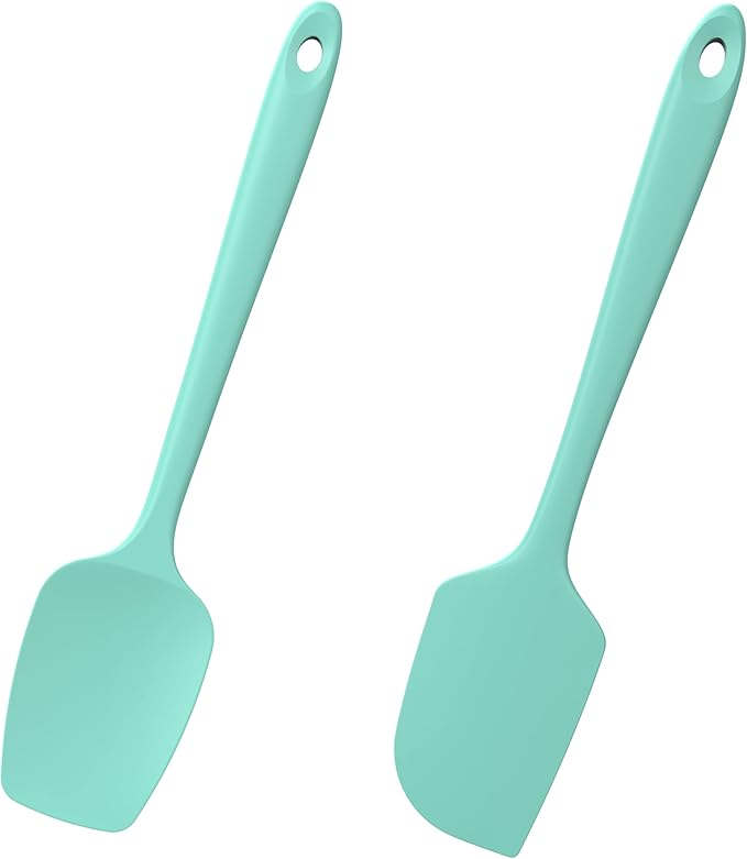 2-Piece Silicone Scraper & Spoon Spatulas: Doosu 600°F Heat Resistant Food Grade BPA Free Rubber Baking Flat Spatula Kitchen Cooking Spoonula for Mixing Scraping Folding Stirring Serving (Aqua Sky)