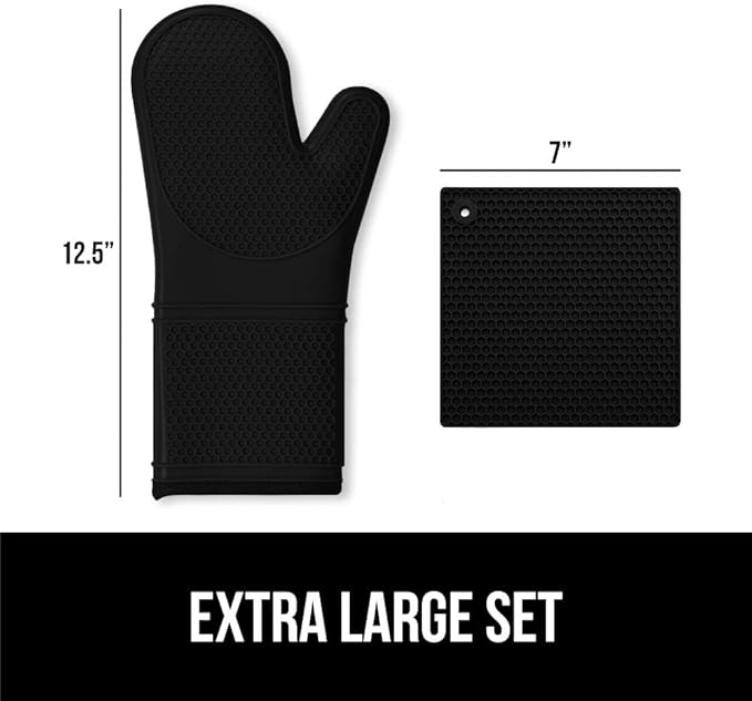 GORILLA GRIP BPA-Free Soft Silicone Oven Mitts and Pot Holders Sets of 4, Heat Resistant Waterproof Cooking Gloves, Thick Cotton Lining, Flexible Gripping for Baking Grilling, Kitchen Trivets, Black