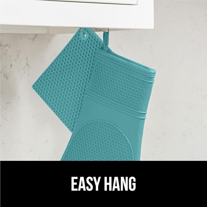 GORILLA GRIP BPA-Free Soft Silicone Oven Mitts and Pot Holders Sets, Heat Resistant Waterproof Cooking Gloves, Thick Cotton Lining, Flexible Gripping for Baking Grilling, Kitchen Trivets, Turquoise