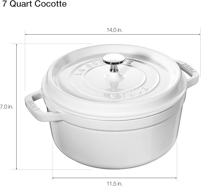 STAUB Cast Iron Dutch Oven 7-qt Round Cocotte, Serves 7- 8, Made in France, White