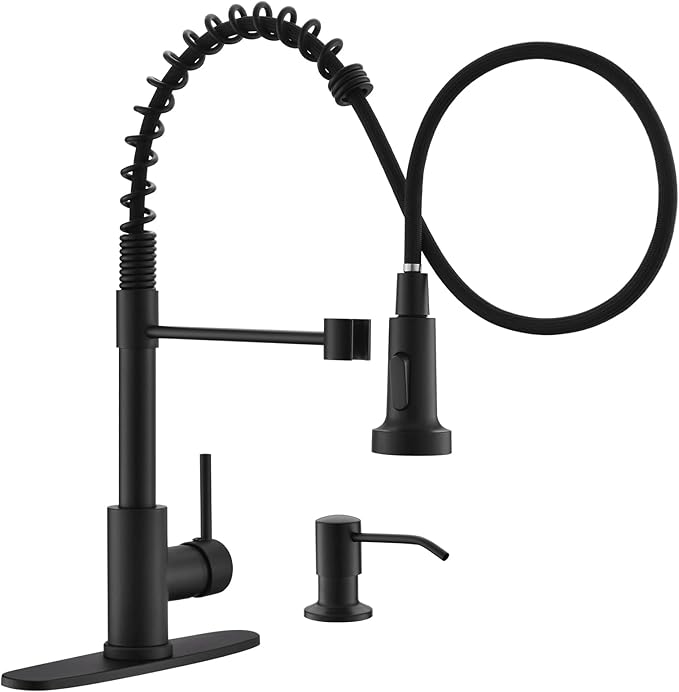GIMILI Matte Black Kitchen Faucet with Soap Dispenser, Commercial Single Handle Spring Pull Out Kitchen Sink Faucets with Pull Down Sprayer