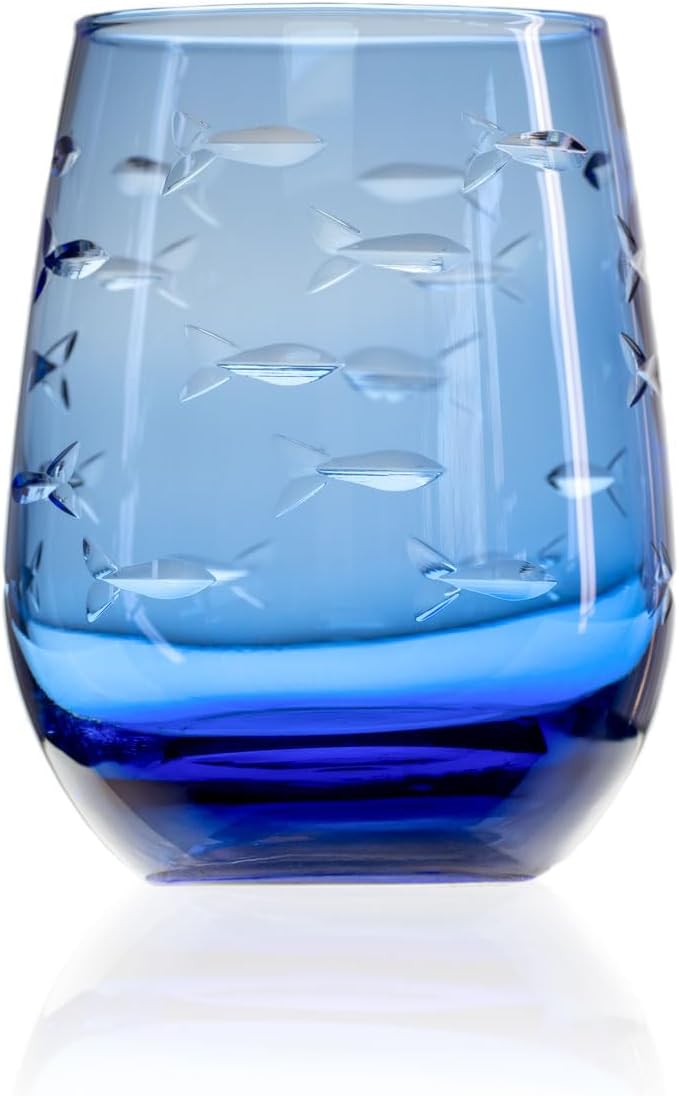 Rolf Glass School of Fish Blue Stemless Wine Glass | Set of 4 Stemless Glasses | 15oz Limited Edition Blue Glass Tumblers | Engraved Lead-Free Coastal Glassware | Made in the USA