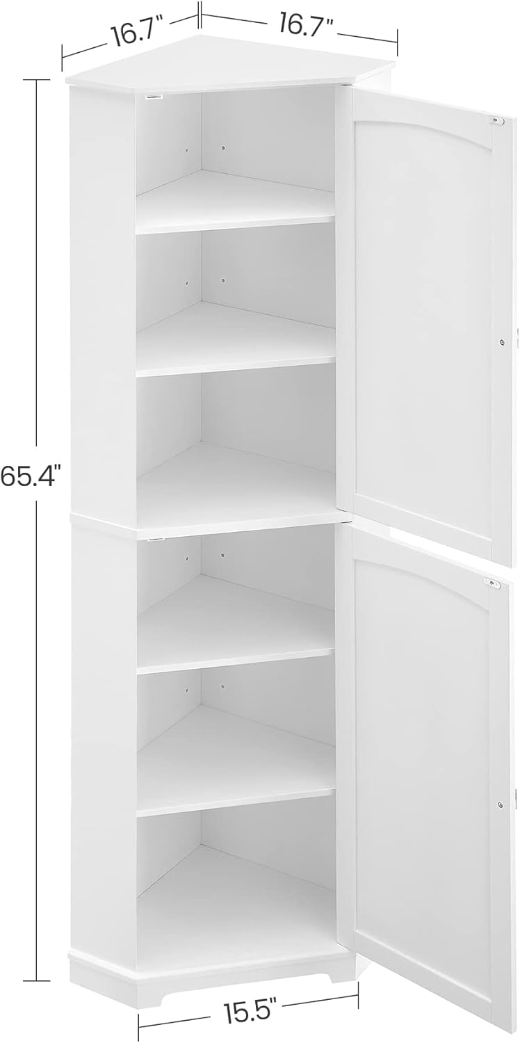 VASAGLE Corner Cabinet, Tall Corner Storage Cabinet with 2 Doors and 4 Adjustable Shelves, for Bathroom Kitchen Living Room, Modern Farmhouse Design, White UBBC541P31