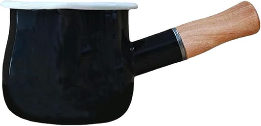 0.6qt Mini Enamel Milk Pot Insulated Wooden Handle 2 Pour Spouts Small Food Warmer Cute Saucepan (D015,BLACK)