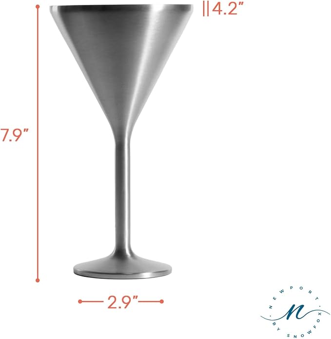 NEWPORT Stemware Collection Premium Vacuum Insulated Stainless Steel Martini Glasses, Lightweight Margarita Glasses, Unbreakable & Drinks Stay Cold, Non-Slip Silicon Base, Cocktail Glasses, 8oz, Steel