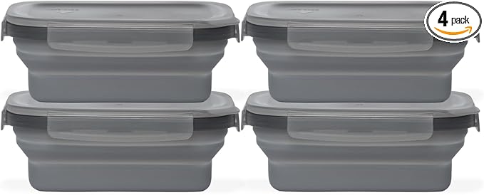 Drip EZ Secondz Collapsible Food Storage Containers – Set of 4, Space-Saving Airtight Meal Prep & Leftover Containers – Microwave, Freezer & Dishwasher Safe, BPA-Free, Locking Lids – Charcoal
