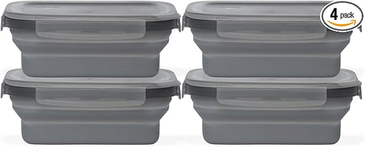 Drip EZ Secondz Collapsible Food Storage Containers – Set of 4, Space-Saving Airtight Meal Prep & Leftover Containers – Microwave, Freezer & Dishwasher Safe, BPA-Free, Locking Lids – Charcoal