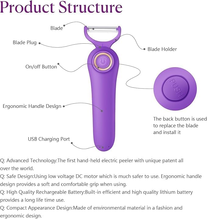 3-in-1 Electric Peeler | Auto Blade for Fruits/Vegetables | 3 Interchangeable Blades | Type-C Charging,Battery Capacity 1500 mAh | Kitchen, Travel, Camping