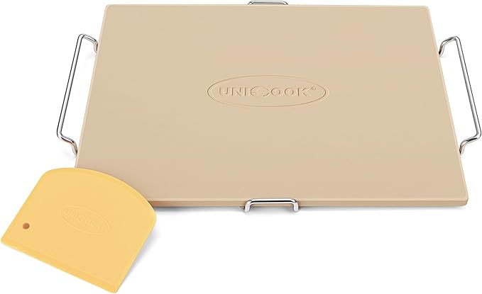 Unicook Pizza Stone for Oven and Grill, 15 x 12 Inch Rectangular Baking Stone for Bread, Cordierite Pizza Pan for Baking Crispy Bread, Pie and Cookies, Includes Carry Rack and Dough Scraper