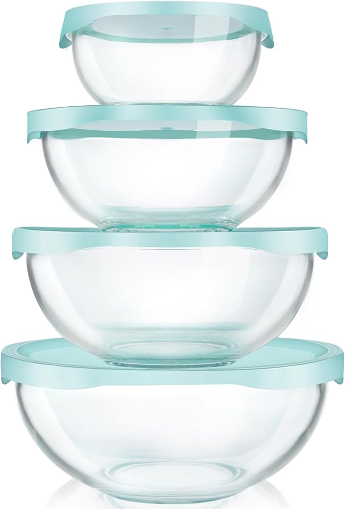 Luvan Borosilicate Clear Glass Mixing Bowls with Lids Set of 4 (0.53qt, 1.1qt, 2.1qt, 3.7qt), Space Saving Nesting Bowls Large Kitchen Salad Bowls for Meal Preping,Baking,Mixing,Dishwasher Safe
