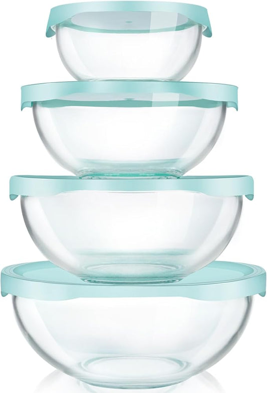 Luvan Borosilicate Clear Glass Mixing Bowls with Lids Set of 4 (0.53qt, 1.1qt, 2.1qt, 3.7qt), Space Saving Nesting Bowls Large Kitchen Salad Bowls for Meal Preping,Baking,Mixing,Dishwasher Safe