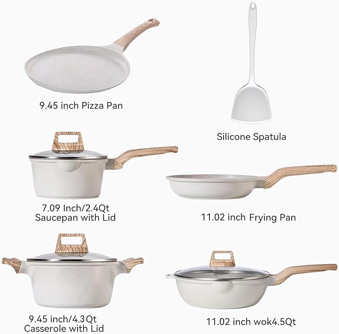 Pots and Pans Set, White Nonstick Induction Cookware Sets with Stay-Cool Handles, Kitchen Pan Sets for Cooking with Saucepan & Frying Pans & Crepe Pan, PFOS and PFOA Free