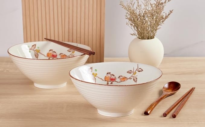 2 x 40 OZ ceramic ramen bowls, 8 IN large Japanese noodle soup bowl, match chopsticks and spoons, suitable for Pho, Udon Asian noodles (Flowers and birds 2 set)