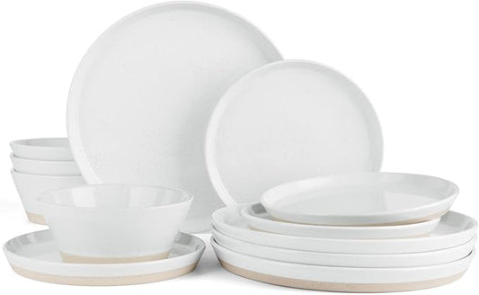 Famiware Saturn Speckled Dinnerware Sets for 4 (12 Pieces), Stoneware Plates and Bowls Dish Set - Chip and Scratch Resistant, Microwave and Dishwasher Safe, White