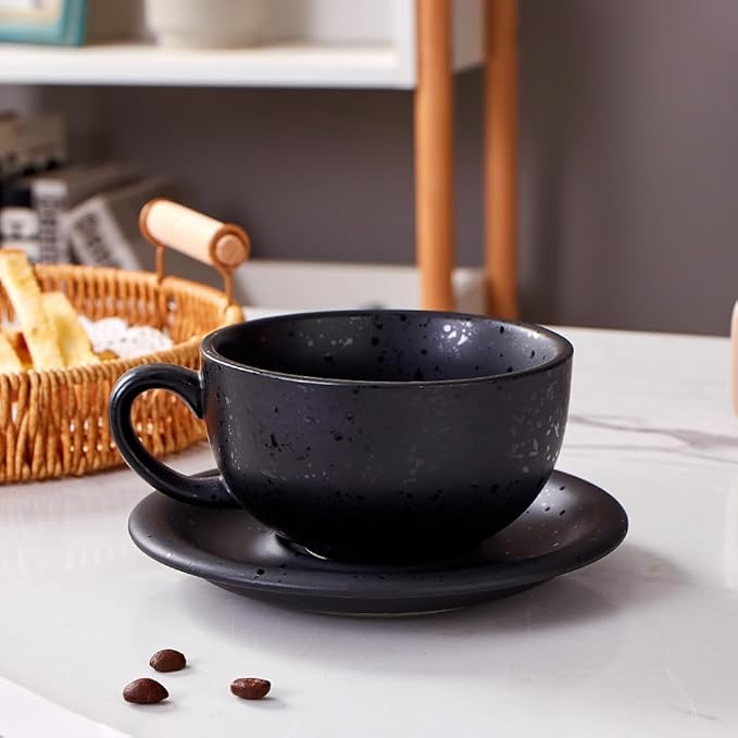 Vintage Design 12 oz Ceramic Latte Art Cappuccino Barista Cup with Saucer (Facular Black)